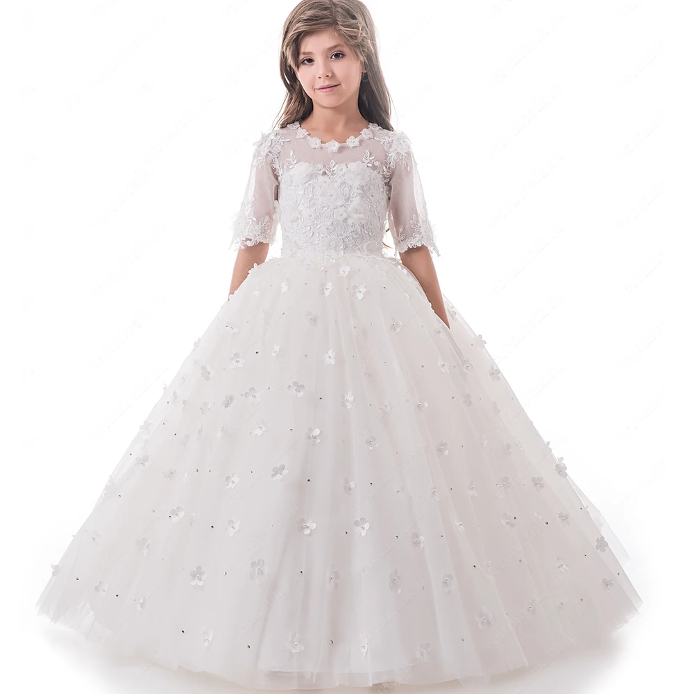 2017 New Arrival Flower Girl Dresses White/Ivory Formal Ball Gown Half Sleeves Appliques O-Neck Handmade Flowers Communion Gowns
2017 New Arrival Flower Girl Dresses White/Ivory Formal Ball Gown Half Sleeves Appliques O-Neck Handmade Flowers Communion Gowns