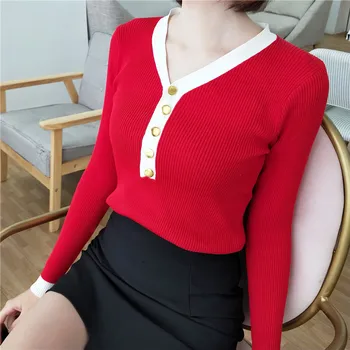 Women V-neck Knitted Full Sleeve Patchwork Buttons Sweaters Tops Girls Knitting Sheath Sweater Knitwear Pullover Female DX9650
Women V-neck Knitted Full Sleeve Patchwork Buttons Sweaters Tops Girls Knitting Sheath Sweater Knitwear Pullover Female DX9650