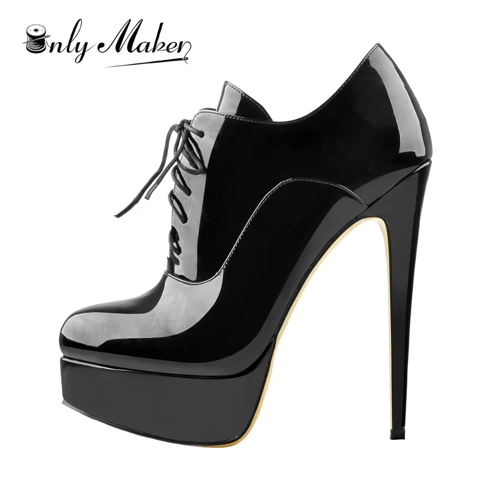 

Onlymaker Women Ankle Boots Platform Patent Leather High Heel Lace Up Stiletto Comfy Plus Big Size Sexy Booties