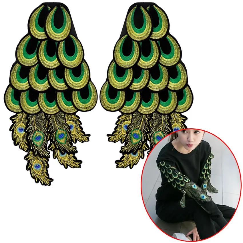 

diy green peacock wings applique big patches feathers embroidery fabric sew on patches brordados pararopa decoration accessories