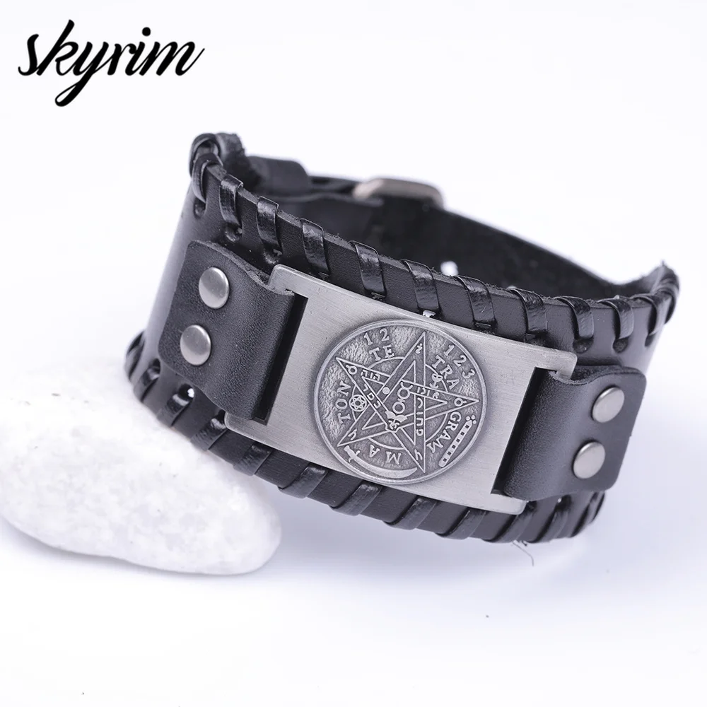 Skyrim Solomon Pentagram Pagan Wide Leather Cuff Bracelets Religions Symbol Nordic Runes Amulet Viking Bracelet for Man
Skyrim Solomon Pentagram Pagan Wide Leather Cuff Bracelets Religions Symbol Nordic Runes Amulet Viking Bracelet for Man