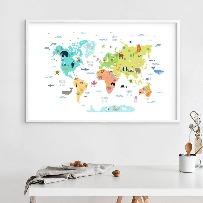 World map with wild animals prints