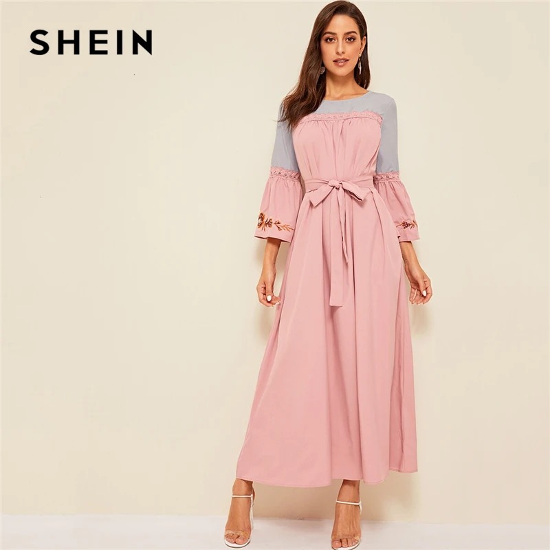 

SHEIN Floral Bell Sleeve Lace Insert Belted Dress 2019 Spring Autumn Women Dress Pink Eyelet Embroidery High Waist Dress