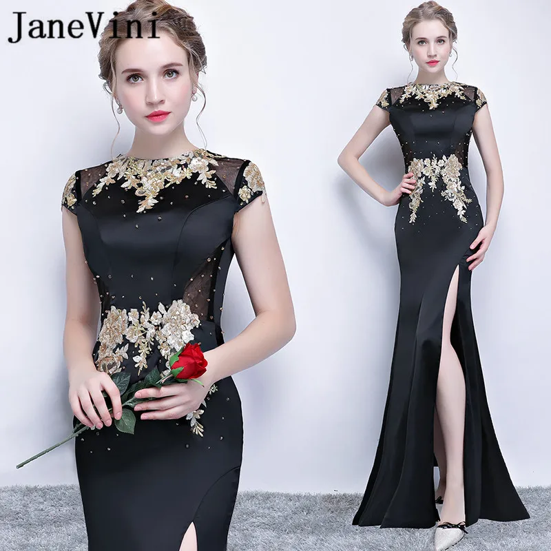 JaneVini Long Black Godmother Mother Of The Bride Dresses With Gold Sequins Mermaid Beaded Split Celebrity Red Carpet Dresses
JaneVini Long Black Godmother Mother Of The Bride Dresses With Gold Sequins Mermaid Beaded Split Celebrity Red Carpet Dresses
