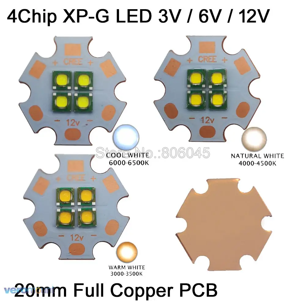 

2pcs Cree XPG XP-G 3V 6V 12V 4Chips 4LEDs High Power LED Emitter Cool White Warm White Neutral White Colors on 20mm Copper PCB