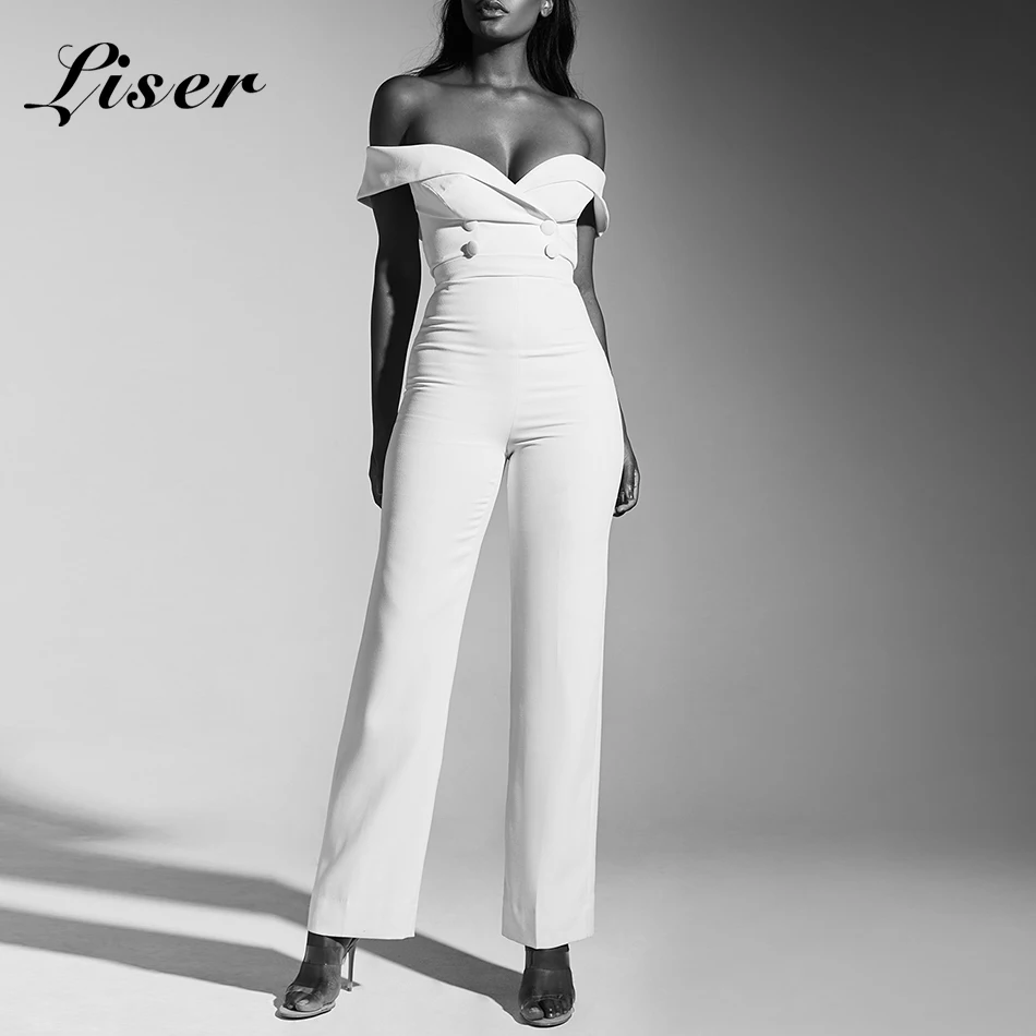 

Liser 2018 New Summer Women Jumpsuits Slash Neck Button Jumpuits Sexy Bodycon Elegant Celebrity Party White Jumpsuit Vestidos