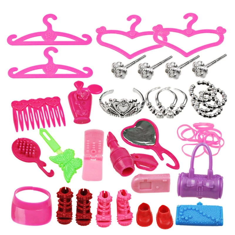 42pcs-set-Pink-Hangers-Dress-Clothes-Accessories-Doll-Pretend-Play-Bag-Shoes-for-Baby-Doll-New