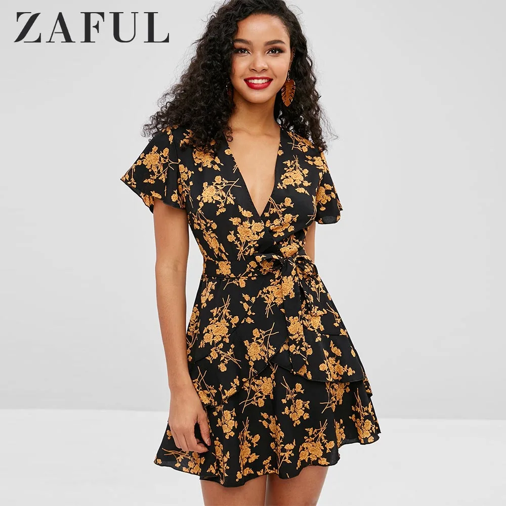 

ZAFUL Floral Print V Neck Ruffles Belted Dress Short Sleeve A-Line Surplice Mini Vintage Sexy Summer Dress Women 2019 Vestidos