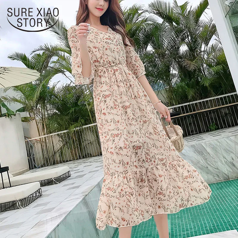 2019 New Vintage Sweet Loose Casual Medium-length Dress Summer Apricot Short Sleeve Print Bohemian Chiffon Women 4924 50 | Женская