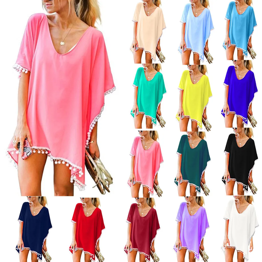 Women Pom Pom Trim Kaftan Chiffon Tassels Swimwear Beach Loose Bikini Cover Up Ladies Chiffon fringed ball beach blouse A30328
Women Pom Pom Trim Kaftan Chiffon Tassels Swimwear Beach Loose Bikini Cover Up Ladies Chiffon fringed ball beach blouse A30328