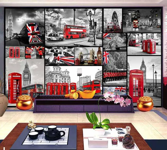 Винтажная 5d фотография Papel Фреска Англии Биг-Бен и красный автобус для фона