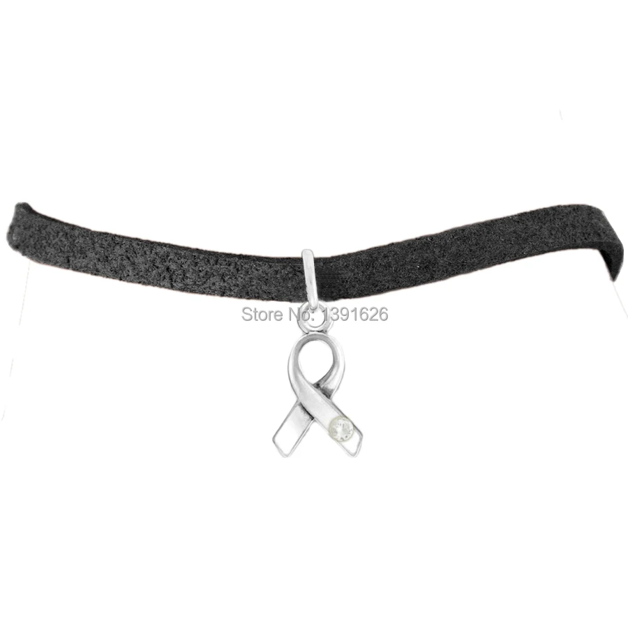 Фото Against Domestic Violence Ribbon Znic Alloy Silver Clear Crystal Charm Leather Bracelets | Украшения и аксессуары