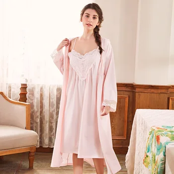 Knitted Cotton Sleepwear Women Long Nightgown with Robe Set Two Pieces Dress Set Lace Cotton Slip Nighty Set Sexy Nightwear 
Knitted Cotton Sleepwear Women Long Nightgown with Robe Set Two Pieces Dress Set Lace Cotton Slip Nighty Set Sexy Nightwear