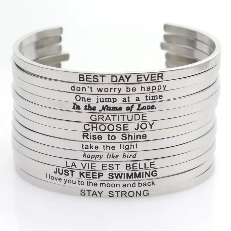 Silver Stainless Steel Random Bangle Engraved Positive Inspirational Quote Handmade Cuff Mantra Bracelets For Women Best Gifts | Украшения