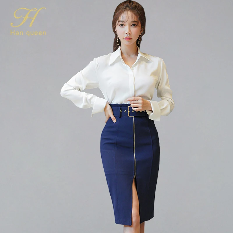 H Han Queen 2019 New 2 Pieces Suits High Waist Belt Zip Bodycon Pencil Skirt + Solid White Shirt Top OL Office Wear Business Set
H Han Queen 2019 New 2 Pieces Suits High Waist Belt Zip Bodycon Pencil Skirt + Solid White Shirt Top OL Office Wear Business Set