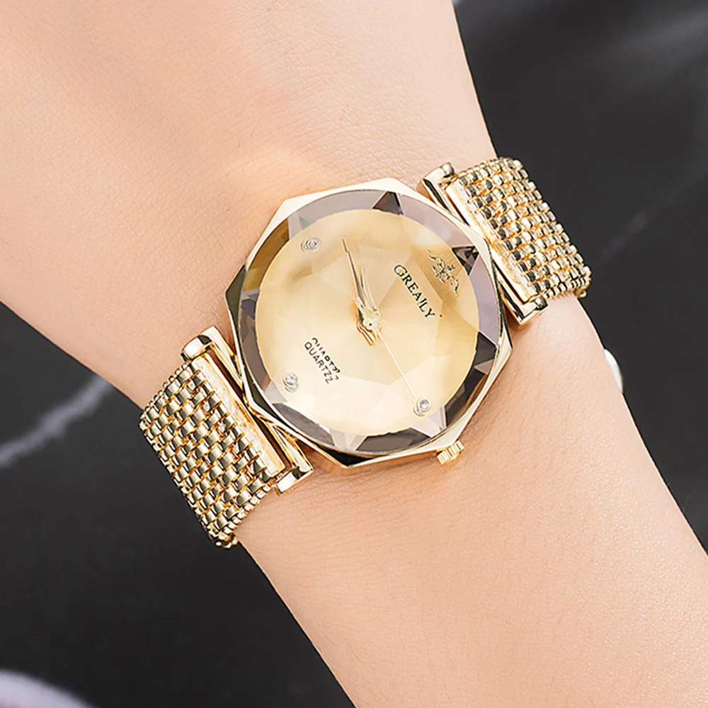 

Fashion golden wristwatch women alloy band 3D cut glass simple face popular 2018 Grealy brand wristwatches with gift watch box