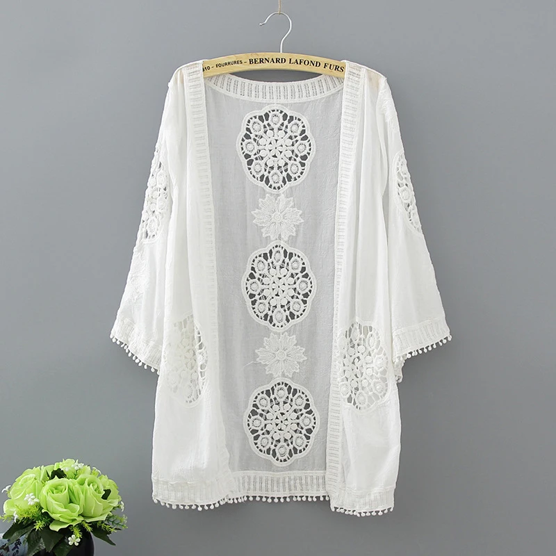 

Kimono Cardigan Women Crochet Lace Cardigan Embroidery Hippie Boho White Blouse 2018 Blusa Feminina Plus Size Shirt Camisa Tops