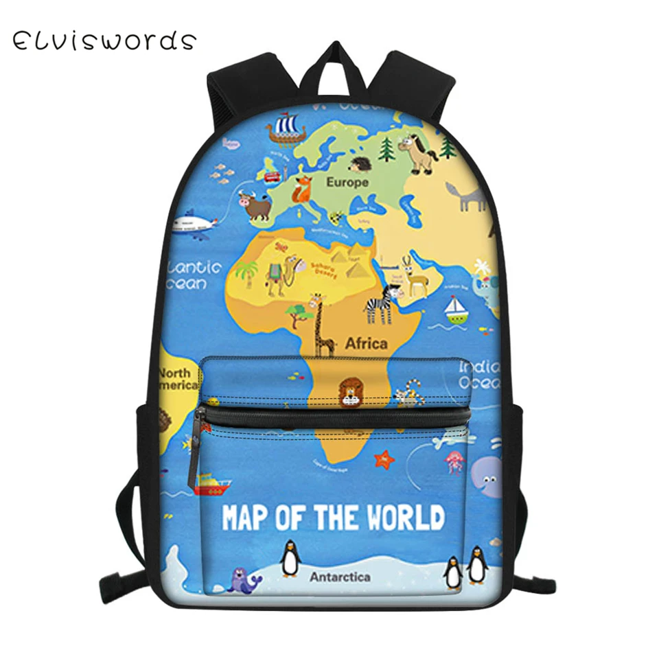 ELVISWORDS модный детский школьный рюкзак карта мира узор школьные сумки для