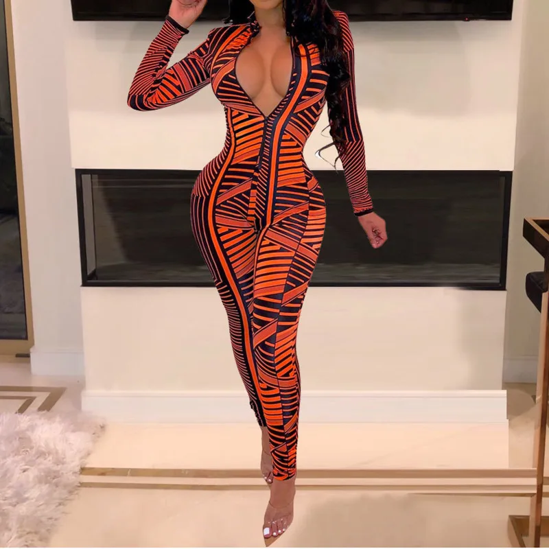 Women Sexy Striped Printed Long Sleeve Bodycon Jumpsuit Deep V Neck Zipper Romper Ladies Vintage Retro One Piece Overalls
Women Sexy Striped Printed Long Sleeve Bodycon Jumpsuit Deep V Neck Zipper Romper Ladies Vintage Retro One Piece Overalls