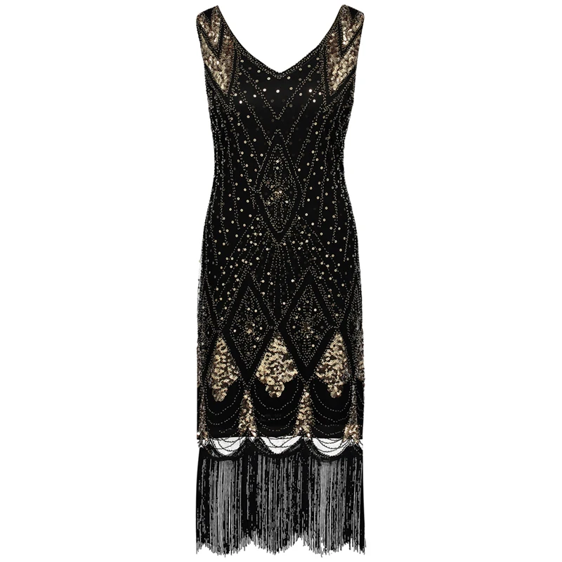 S женское платье 1920 Gatsby Charleston Inspired Sequin с бахромой из бисера арт-деко v-образный
