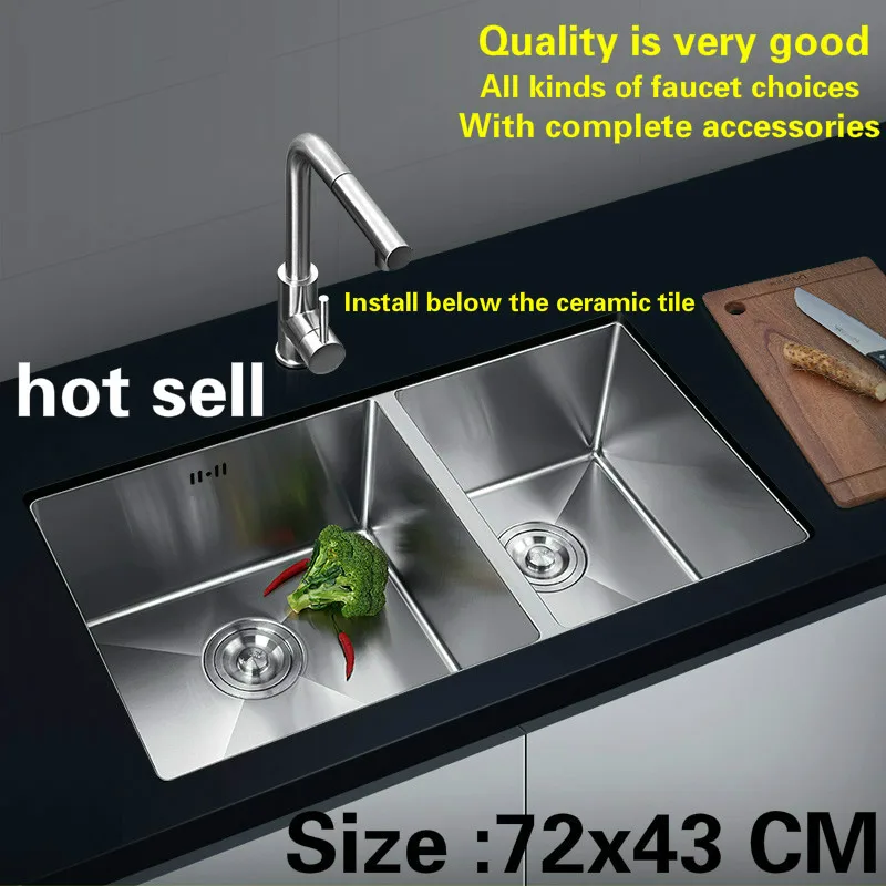 

Free shipping Standard individuality kitchen manual sink double groove durable 304 food grade stainless steel hot sell 72x43 CM