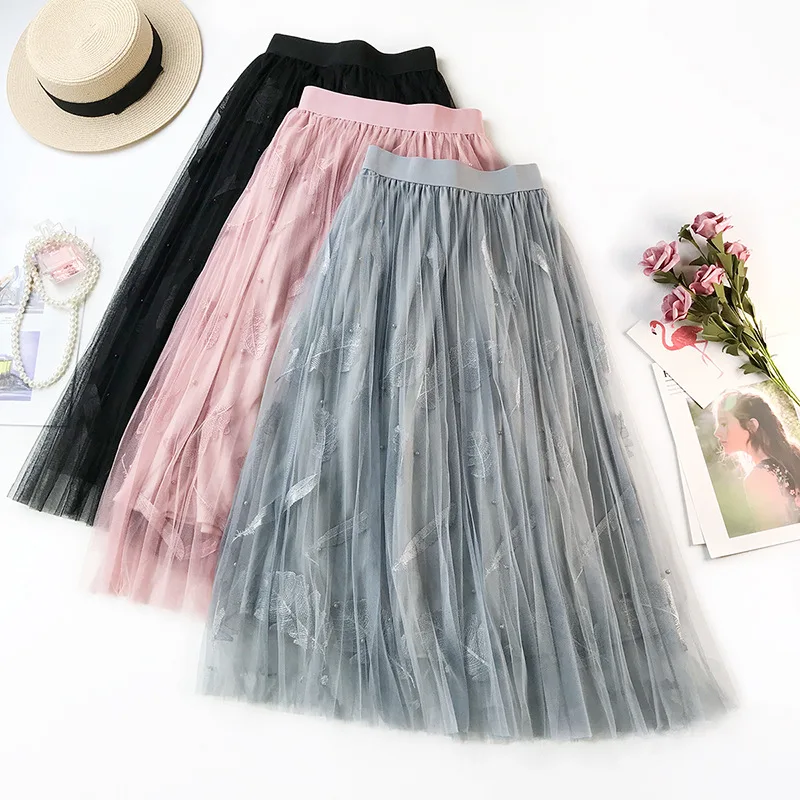 Feather Floral Embroidery Tulle Skirt Long Pleated Skirts High Quality Elegant A-line Tutu Lace Mesh Skirt Pink Black Blue
Feather Floral Embroidery Tulle Skirt Long Pleated Skirts High Quality Elegant A-line Tutu Lace Mesh Skirt Pink Black Blue
