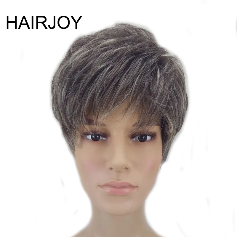 Hairjoy Synthetic Hair Grey Brown Mixed Short Cut Straight Pixie Hairstyle Wig High Temperature Fiber 3 Colors Available