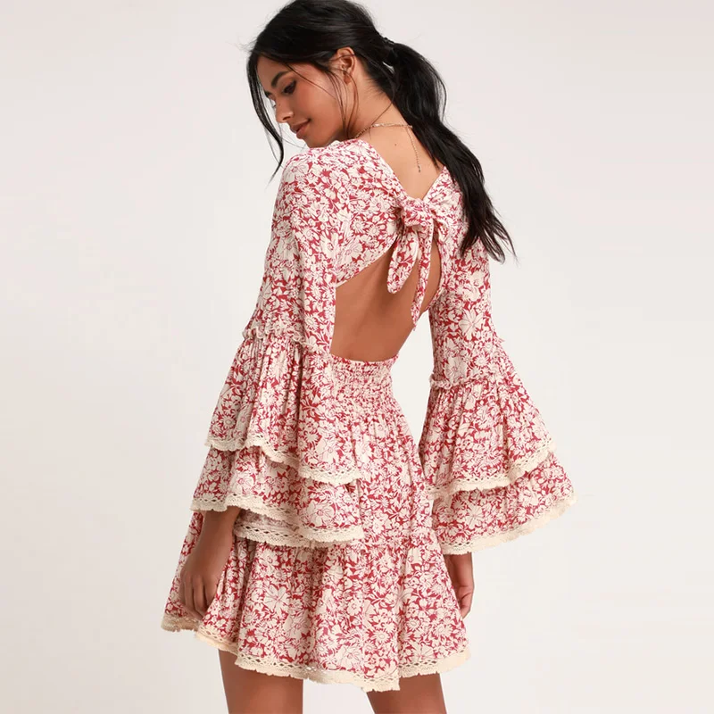 Women Boho Dress Summer Floral Print Lace Frill Ruffle Bohemian Dress Tiered Flare Sleeve Open Back Tie Mini Beach Holiday Dress
Women Boho Dress Summer Floral Print Lace Frill Ruffle Bohemian Dress Tiered Flare Sleeve Open Back Tie Mini Beach Holiday Dress