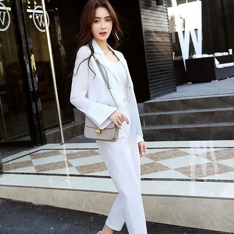 10.1 2、95、松紧、双排扣、Trendy women's suit women's white double-breasted fashion slim jacket trousers set two-piece women's business formal suit
