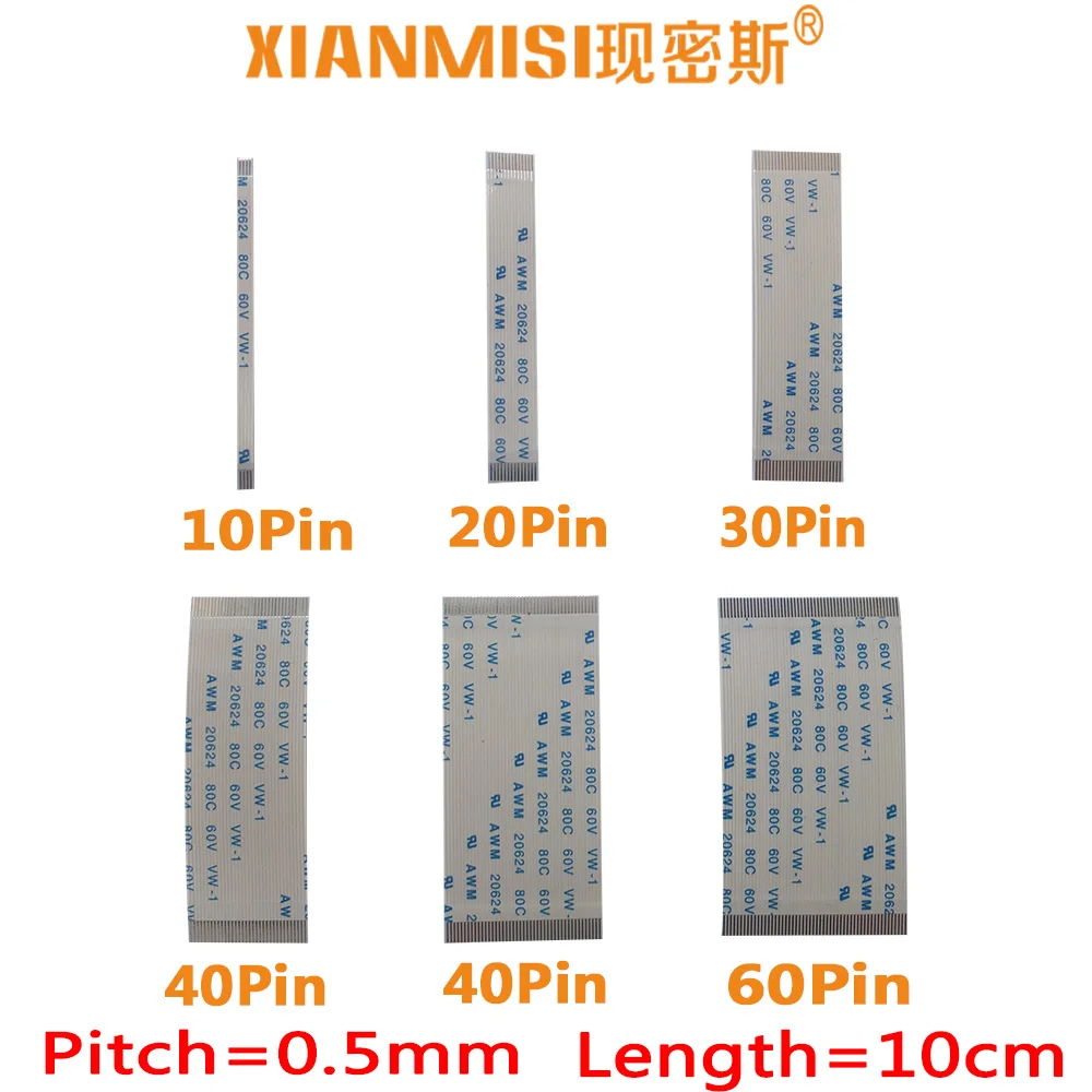 FFC/FPC Flat Flex Extension Cable 10Pin 20Pin 30Pin 40Pin 50Pin 60Pin Same Side 0.5mm Pitch AWM VW-1 20624 60V Length 10cm 5PCS
FFC/FPC Flat Flex Extension Cable 10Pin 20Pin 30Pin 40Pin 50Pin 60Pin Same Side 0.5mm Pitch AWM VW-1 20624 60V Length 10cm 5PCS