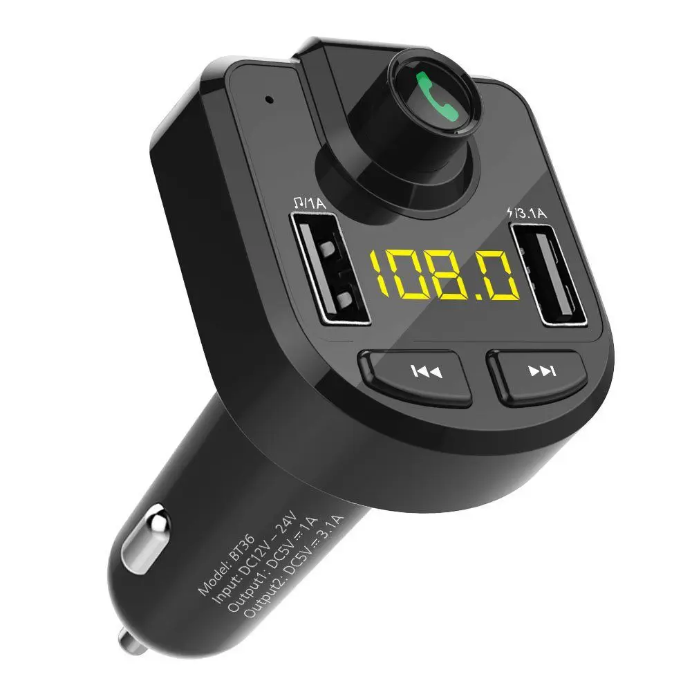 

Bluetooth FM Transmitter, Bluetooth Receiver Wireless In-Car Radio Adapter with Hands Free Calling, 2 USB Car Chargers 5V/3.1A