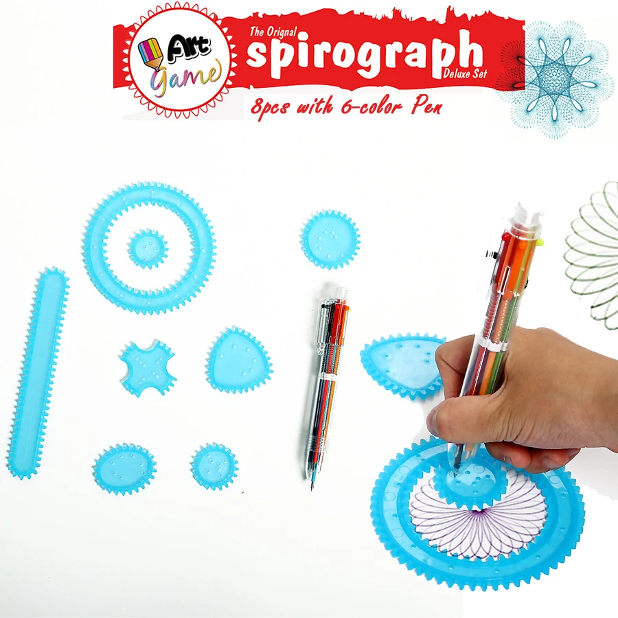 Spirograph Art game with 8pcs Interlocking Gears & Wheels,1pc 6-color Pen Spiral Designer Drawing Toy Set Educational toys
Spirograph Art game with 8pcs Interlocking Gears & Wheels,1pc 6-color Pen Spiral Designer Drawing Toy Set Educational toys