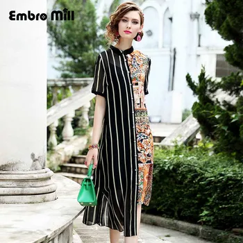 summer The New Street style stripe printing Chiffon silk dress Standing collar Single-breasted elegant fashion dress L-3XL
summer The New Street style stripe printing Chiffon silk dress Standing collar Single-breasted elegant fashion dress L-3XL