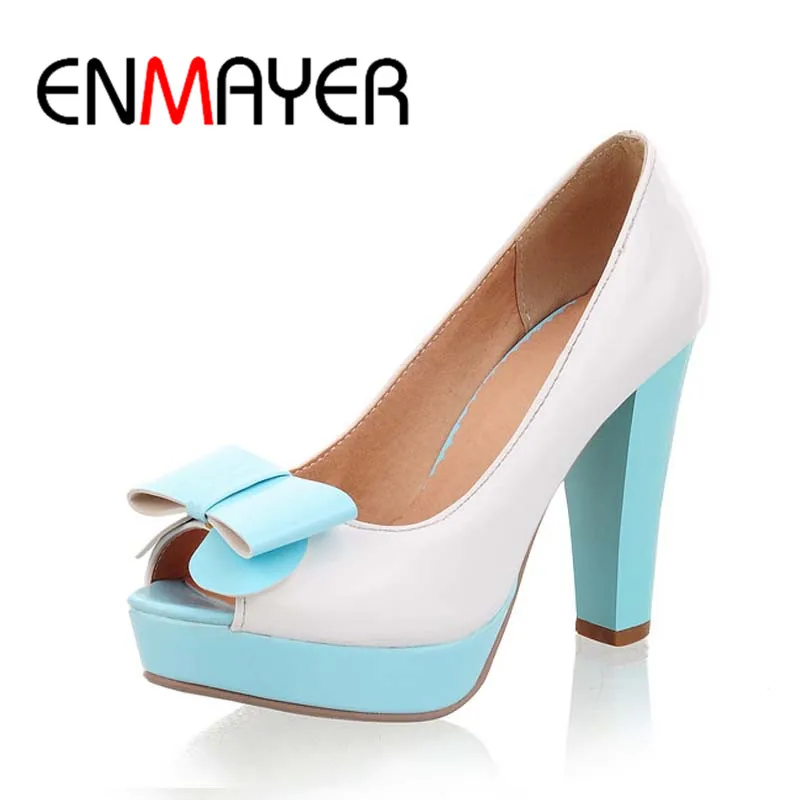 ENMAYER Pumps Sandals Autumn/Summer Women Pumps Shoes Peep Toe Square Heel High Heels Bowtie Pumps Patent Leather Platform Pumps