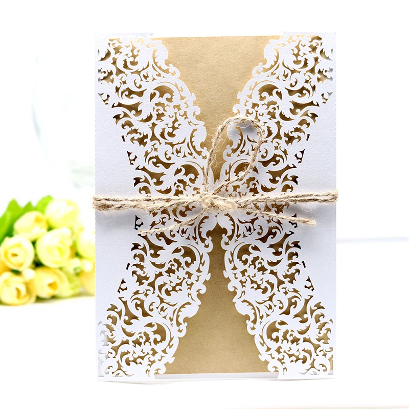 100pcs Laser Cut Flower Wedding Invitation Cards Lace West Cowboy Greeting Card Customize With Rope Wedding Party Decorations
100pcs Laser Cut Flower Wedding Invitation Cards Lace West Cowboy Greeting Card Customize With Rope Wedding Party Decorations