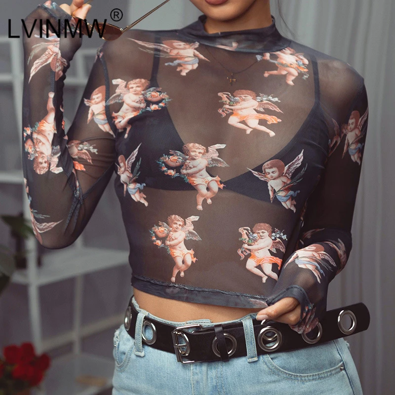 LVINMW Sexy Black Mesh See Through Angel Cupid Printed Crop Tops 2019 Spring Women Long Sleeve Turtleneck Slim T-shirts Tees
LVINMW Sexy Black Mesh See Through Angel Cupid Printed Crop Tops 2019 Spring Women Long Sleeve Turtleneck Slim T-shirts Tees