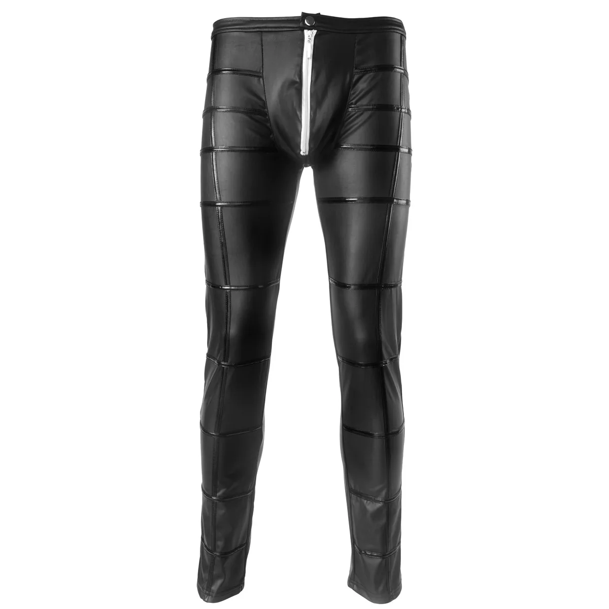 2021 Men Sexy Pant Black PU Leather Open Front Zipper Pants Patchwork