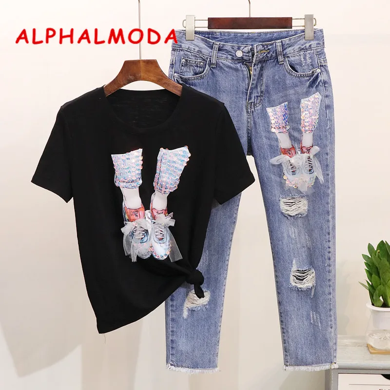 ALPHALMODA Women 2019 New Sequined Gauze Shoe Short Sleeve T-shirt Ripped Hole Calf-length Jeans Trendy Clothing Outfit
ALPHALMODA Women 2019 New Sequined Gauze Shoe Short Sleeve T-shirt Ripped Hole Calf-length Jeans Trendy Clothing Outfit