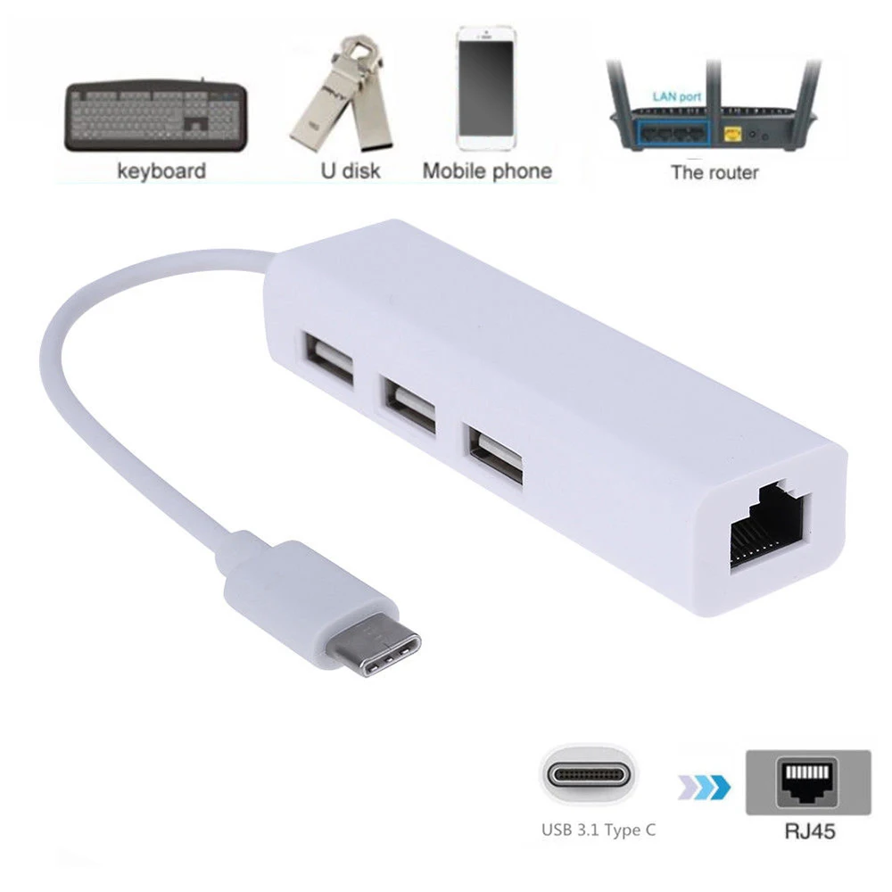 USB-C USB 3.1 Type C Male to USB RJ45 Ethernet Lan +3x USB Ports Adapter Hub Spliter for Apple Macbook Air
USB-C USB 3.1 Type C Male to USB RJ45 Ethernet Lan +3x USB Ports Adapter Hub Spliter for Apple Macbook Air