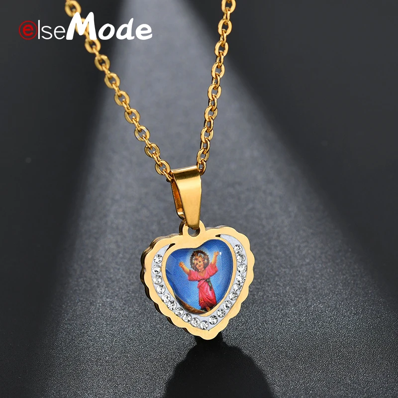 ELSEMODE Clear Crystal Baby Jesus Heart Pendant Necklaces Gold Titanium Stainless Steel Bling Necklace Catholic Jewelry | Украшения и