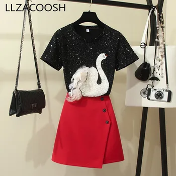 2019 New Fashion Summer Women's Stereo Swan Sequins Embroidery T-shirt Top + Red Buttons A Line Skirt Twinset Ladies Skirt Set
2019 New Fashion Summer Women's Stereo Swan Sequins Embroidery T-shirt Top + Red Buttons A Line Skirt Twinset Ladies Skirt Set