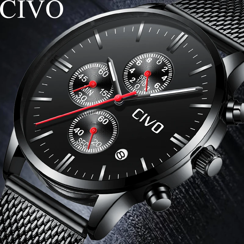 CIVO Fashion Men Wrist Watch Luxury Black Stainless Steel Mesh Watch Clock Waterproof Chronogra Analogue Quartz Wristwatch
CIVO Fashion Men Wrist Watch Luxury Black Stainless Steel Mesh Watch Clock Waterproof Chronogra Analogue Quartz Wristwatch