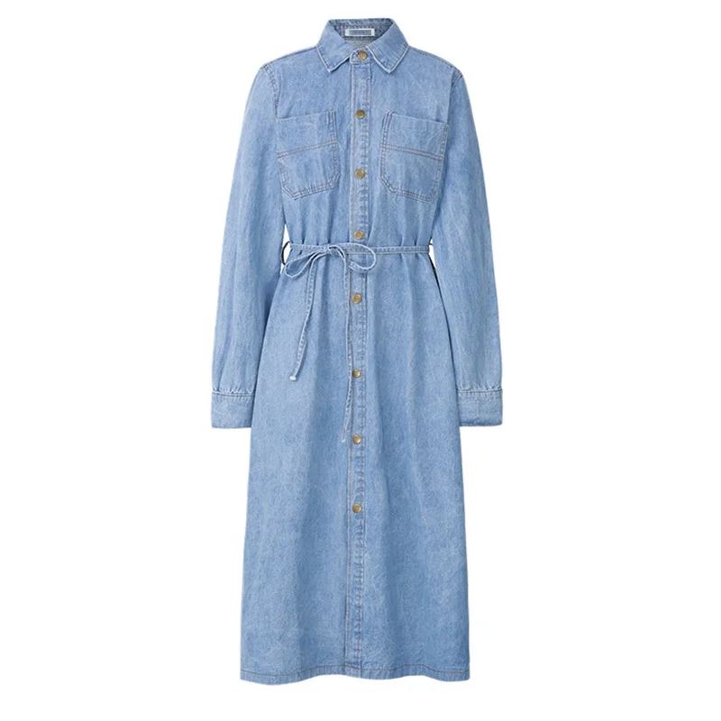 PERHAPS U blue denim shirt dress pocket button long sleeve knee length dress loose sash casual D0974
PERHAPS U blue denim shirt dress pocket button long sleeve knee length dress loose sash casual D0974