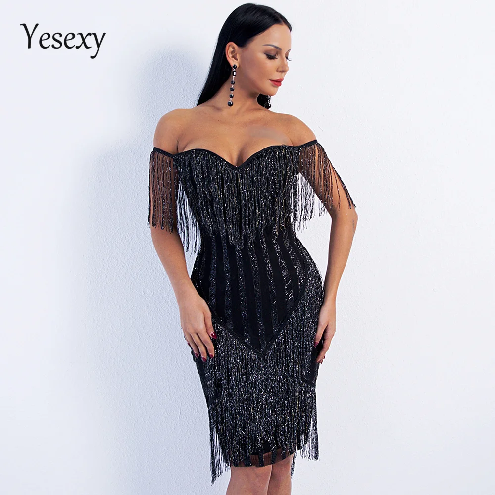 

Yesexy 2019 Sexy Spring and Summer Off Shoulder Striped Glitter Elegant Tassel Party Dress VR8781-1