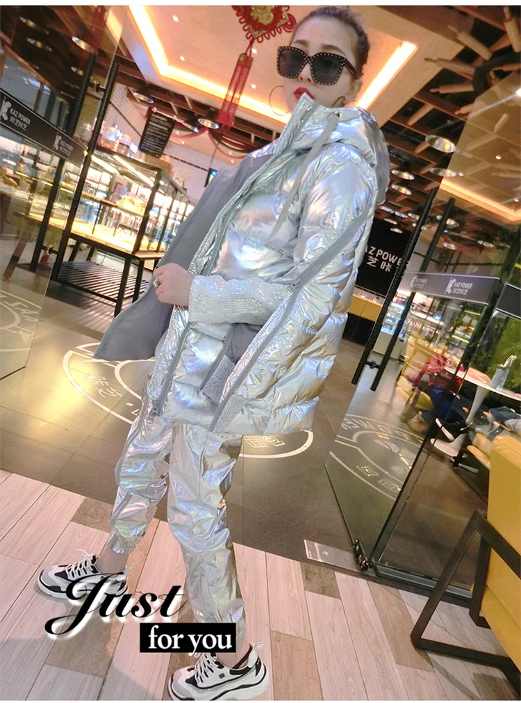 Women Winter Coat Silver Bright Loose Jackets Zipper Sleeve Korean Fashion Coats Hip-hop Cotton Hooded Winter Jacket 2018 CH621 (6)