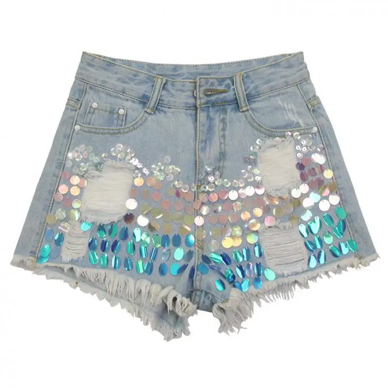Summer Fashion Female Woman Colored Sequins High Waisted Wide Leg Hole Blue Denim Shorts , Womens Ripped Glitter Jeans Shorts
Summer Fashion Female Woman Colored Sequins High Waisted Wide Leg Hole Blue Denim Shorts , Womens Ripped Glitter Jeans Shorts
