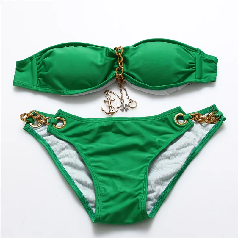 New Halter Bandeau Bikini Set Padding Beach Swimwear Women Solid Colors Metal Chain Sexy Swimsuit
New Halter Bandeau Bikini Set Padding Beach Swimwear Women Solid Colors Metal Chain Sexy Swimsuit
