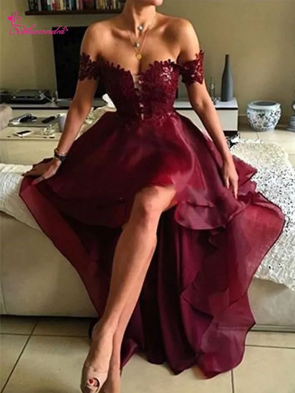 Alexzendra Burgundy High Low Prom Dresses 2019 Off the Shoulder Applique Elegant Party Dresses Plus Size Customize
Alexzendra Burgundy High Low Prom Dresses 2019 Off the Shoulder Applique Elegant Party Dresses Plus Size Customize
