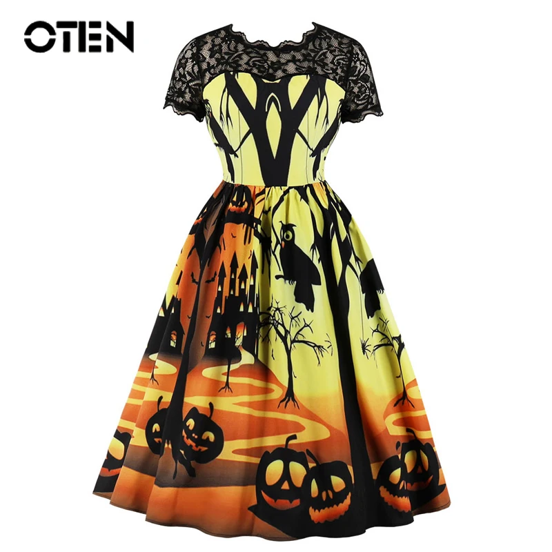 OTEN 2018 Halloween Style Summer Short Sleeve Lace Patchwork Pumpkin Printed Retro 50s Casual Party Pleated swing Skater dress
OTEN 2018 Halloween Style Summer Short Sleeve Lace Patchwork Pumpkin Printed Retro 50s Casual Party Pleated swing Skater dress