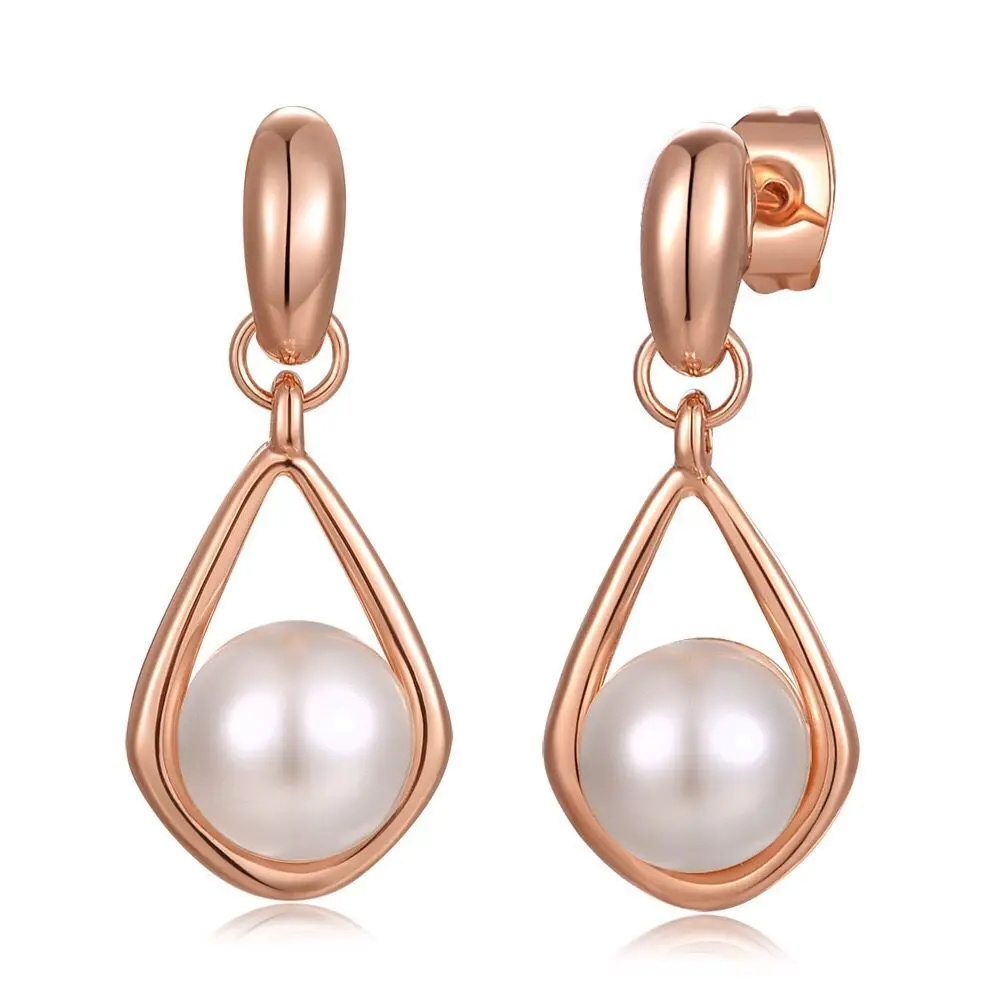 MxGxFam Smooth Round Pearl Drop Earrings for Elegant Women Fashion Jewelry Rose / White Gold Color | Украшения и аксессуары